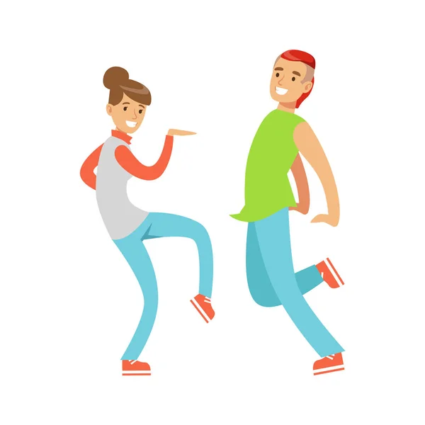 Genç çift renkli karakter dans rahat kıyafetler içinde illüstrasyon vektör — Stok Vektör