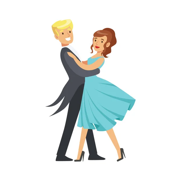 Gelukkige jonge paar ballroom dans dansen in kleurrijke karakter van formele kostuums vector illustratie — Stockvector