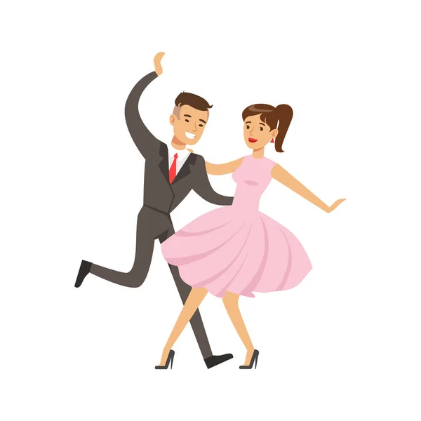 Jeune couple danse boogie woogie danse coloré personnage vecteur Illustration — Image vectorielle