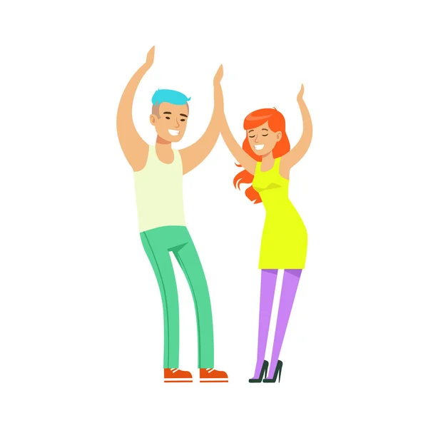 Pareja de moda joven en ropa casual bailando en el club nocturno colorido personaje vector Ilustración — Archivo Imágenes Vectoriales