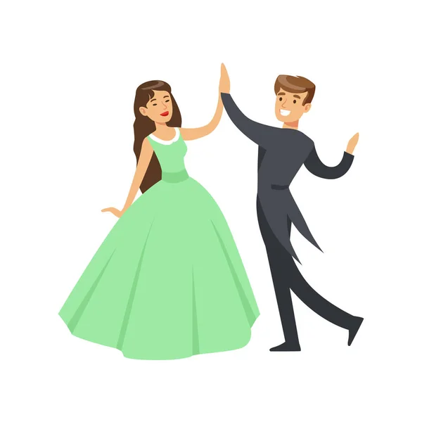 Een vrouw in een bal jurk en een man in een japon vacht dansen ballroom dans kleurrijke karakter vector illustratie — Stockvector