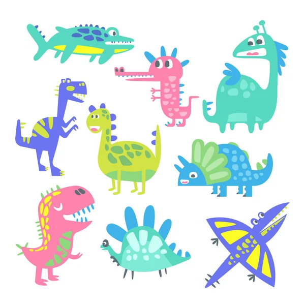 Drôle de jeu de dinosaures de dessin animé. Vecteur personnages animaux préhistoriques Illustrations — Image vectorielle
