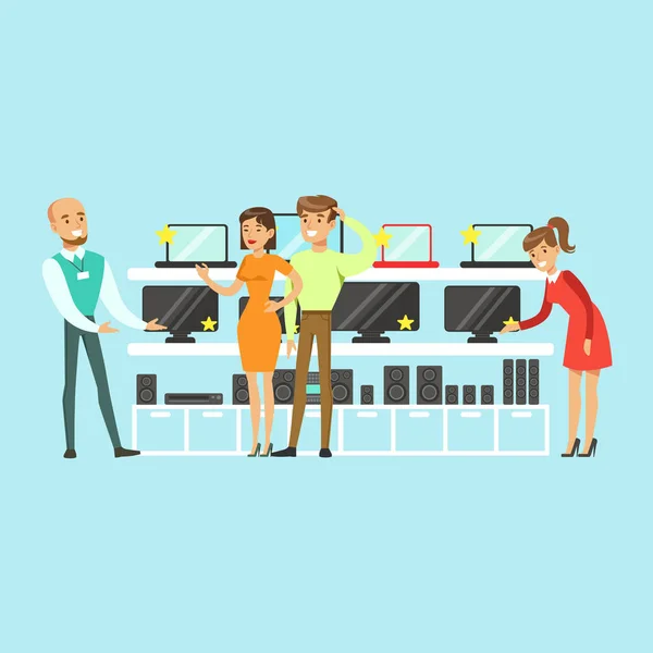 Les gens qui choisissent l'équipement informatique avec l'aide de l'assistant de magasin dans le magasin d'appareils vectoriel coloré Illustration — Image vectorielle