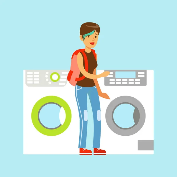 Mladá žena výběru nové prádelní pračka. Zařízení úložiště barevné vektorové ilustrace — Stockový vektor