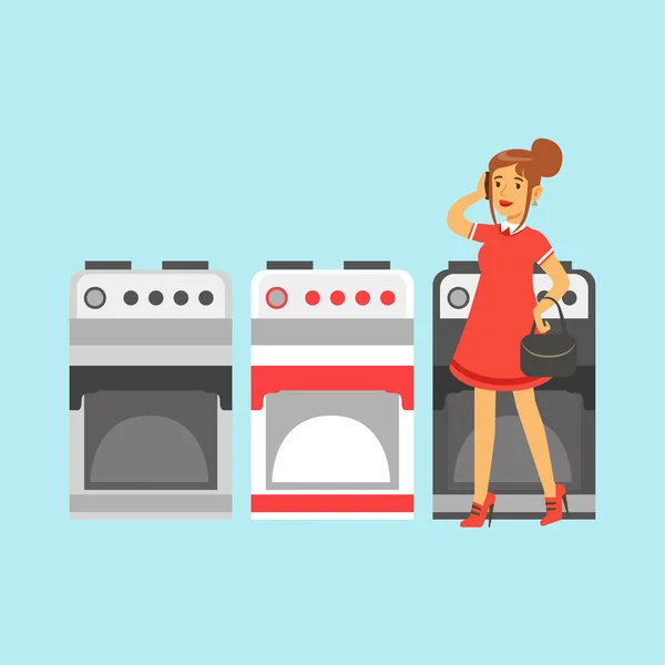 Young woman choosing an electric stove in home appliance store colorful vector Illustration — Stock Vector