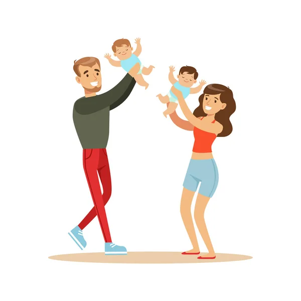 Heureux père et mère jouant avec leurs bébés personnages colorés vecteur Illustration — Image vectorielle