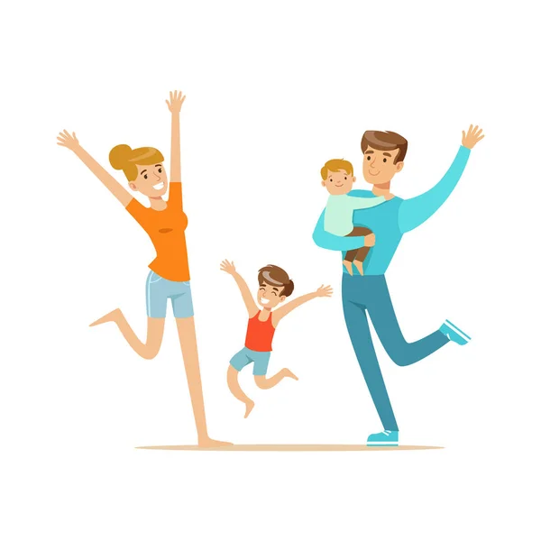Famille heureuse avec deux enfants ayant plaisir personnages colorés vecteur Illustration — Image vectorielle