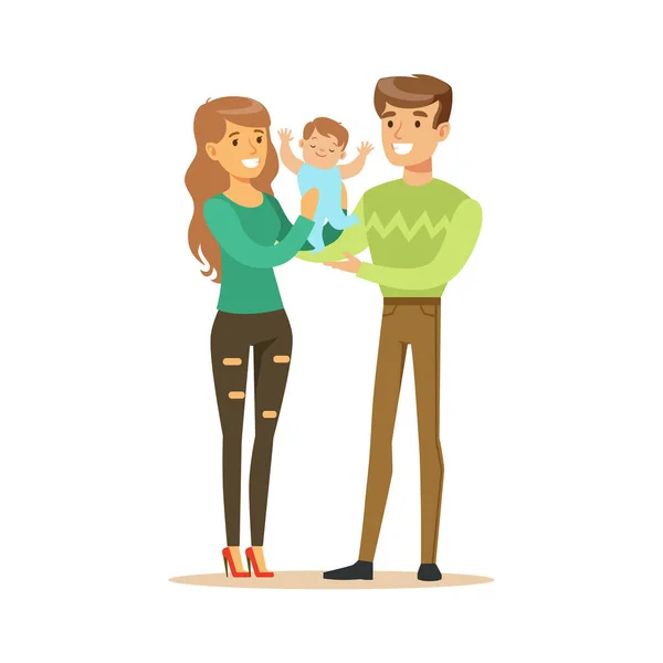 Heureux sourire homme, femme et petit bébé debout ensemble personnages colorés vecteur Illustration — Image vectorielle