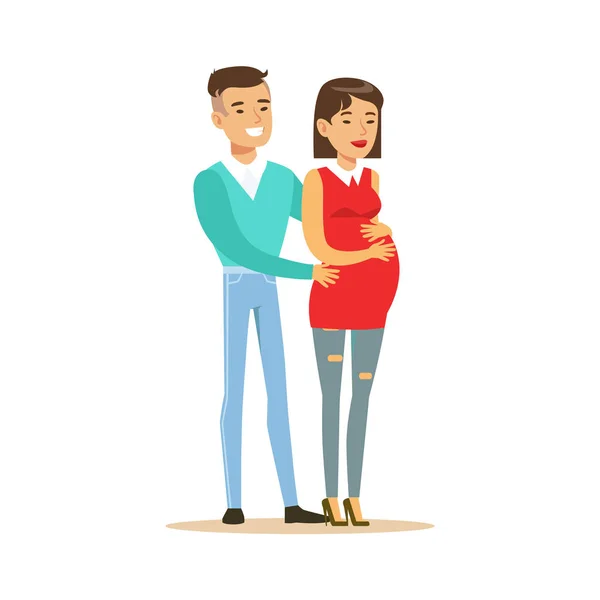 Beau jeune couple attendant bébé personnages colorés vecteur Illustration — Image vectorielle