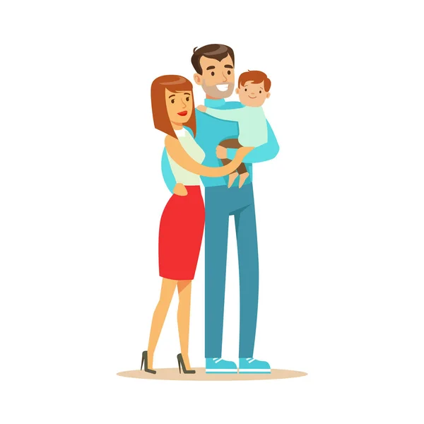 Feliz joven pareja y lindo bebé niño, padre hilding su hijo colorido personajes vector ilustración — Vector de stock
