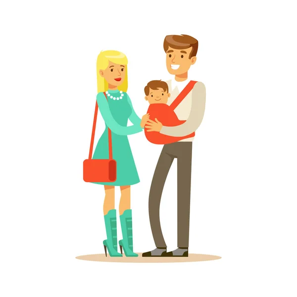 Familia pareja padre llevar a su bebé en un rojo honda coloridos personajes vector Ilustración — Vector de stock