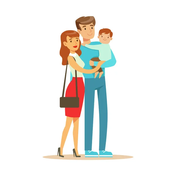 Junges glückliches Paar mit kleinen Jungen bunte Zeichen Vektor Illustration — Stockvektor