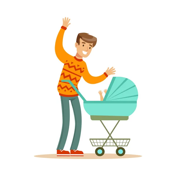 Padre joven caminando con su bebé recién nacido en un cochecito colorido personaje vector Ilustración — Vector de stock