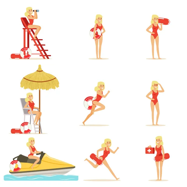 Lifeguard kvinna character gör sitt jobb. Vatten räddning vektor illustrationer — Stock vektor