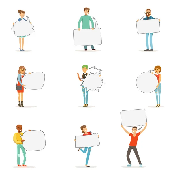 Man and woman standing and holding blank speech bubbles. Communication between people vector Illustrations — Stock Vector