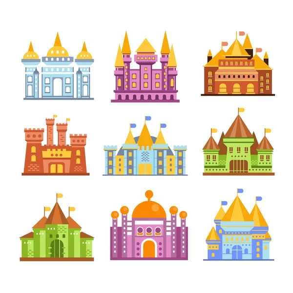 Pohádkové hrady a pevnosti. Kolekce barevných středověkých budov vektorové ilustrace — Stockový vektor