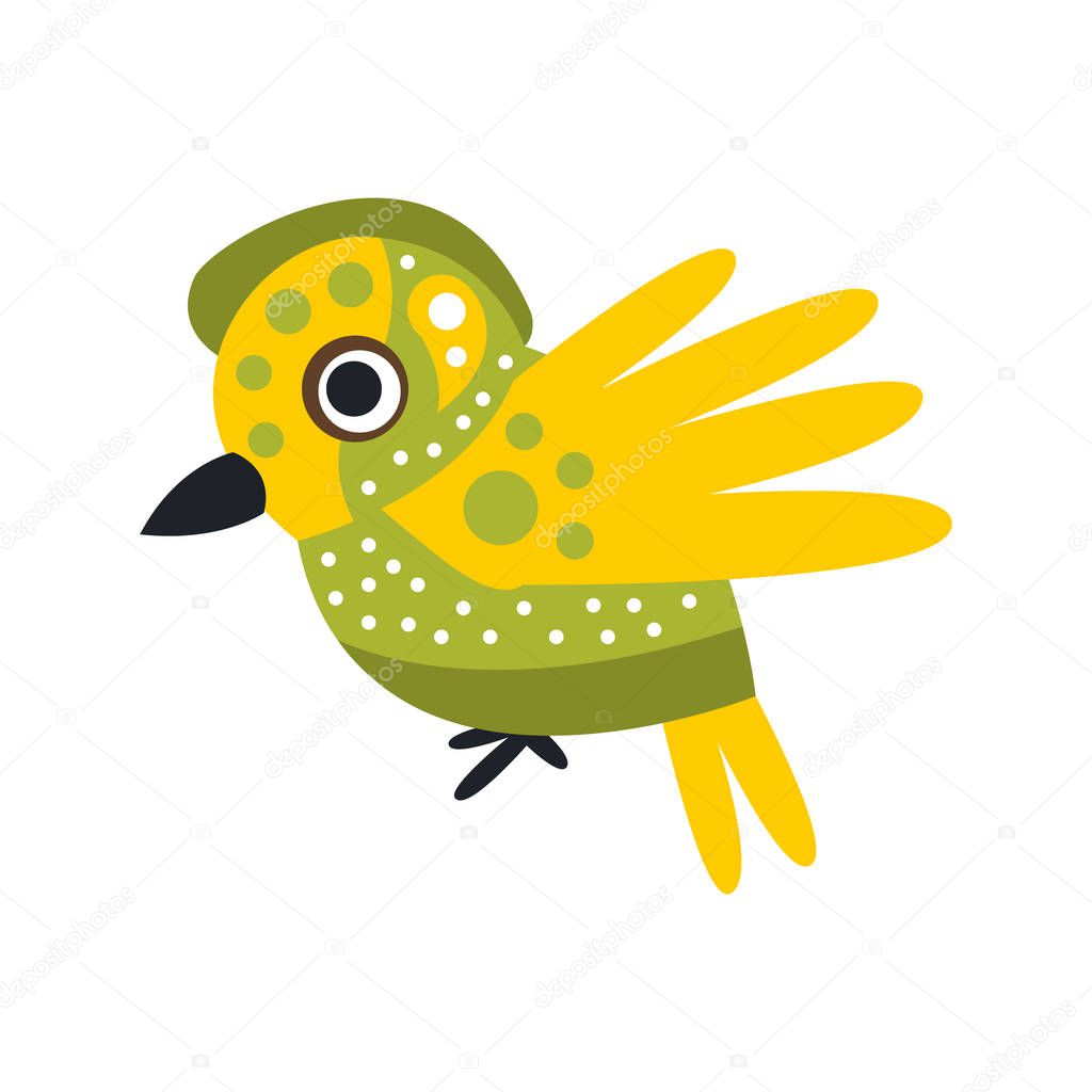 Small cute green and yellow bird colorful cartoon character vector Illustration