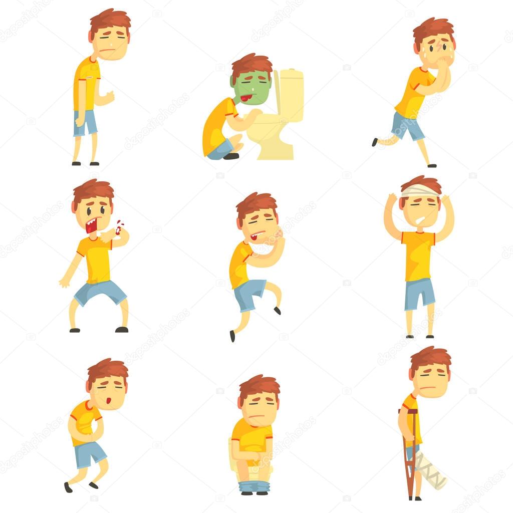 Men with pain and diseases set. Sick people colorful cartoon characters vector Illustrations