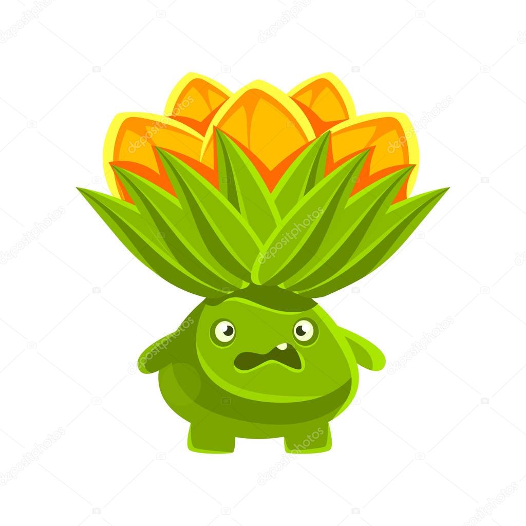 Funny vexed cactus with orange flowers on his head. Cartoon emotions character vector Illustration