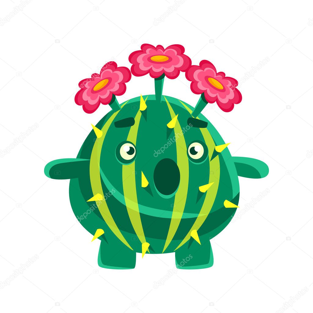 Funny surprised succulent with pink flowers. Cartoon emotions character vector Illustration