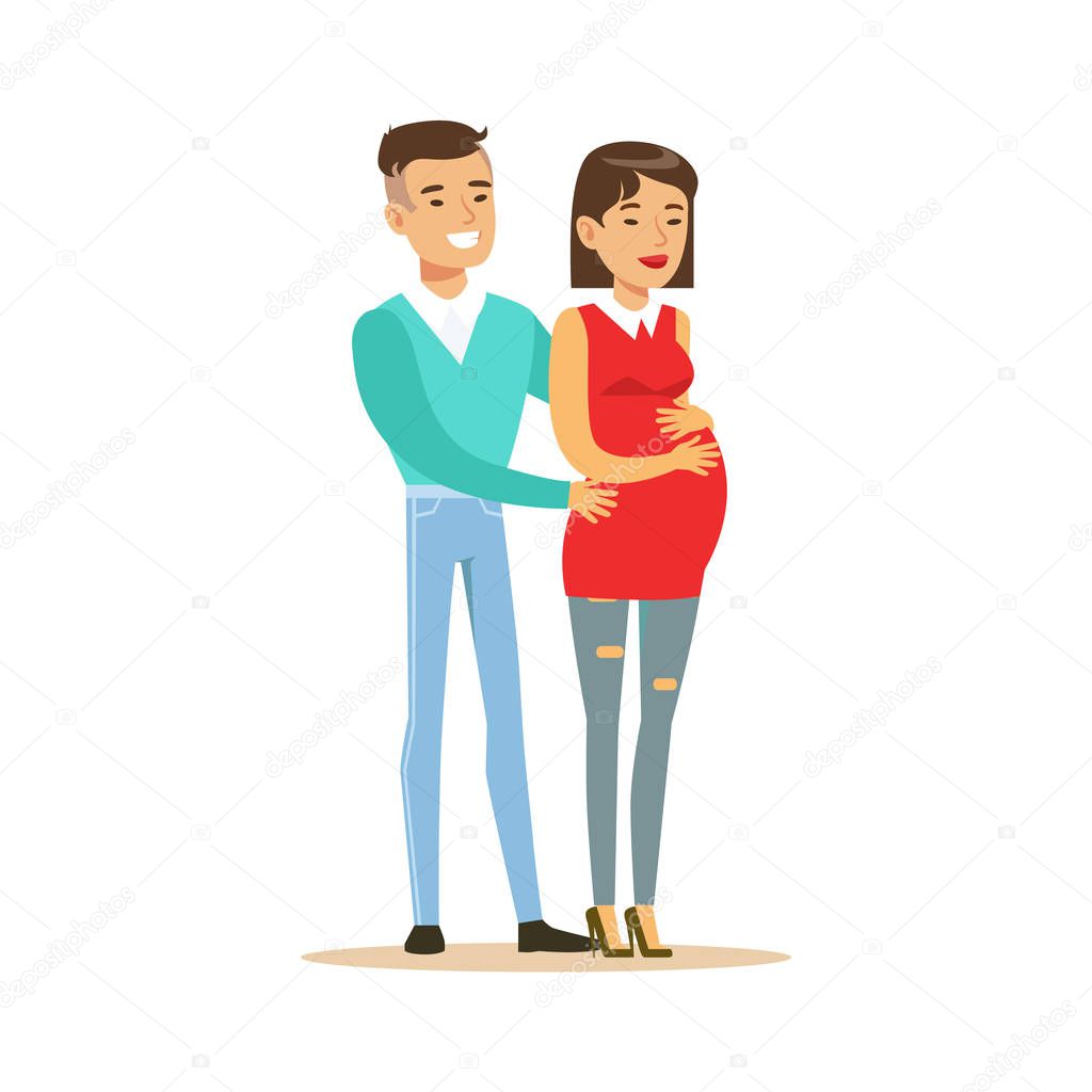 Beautiful young couple expecting baby colorful characters vector Illustration