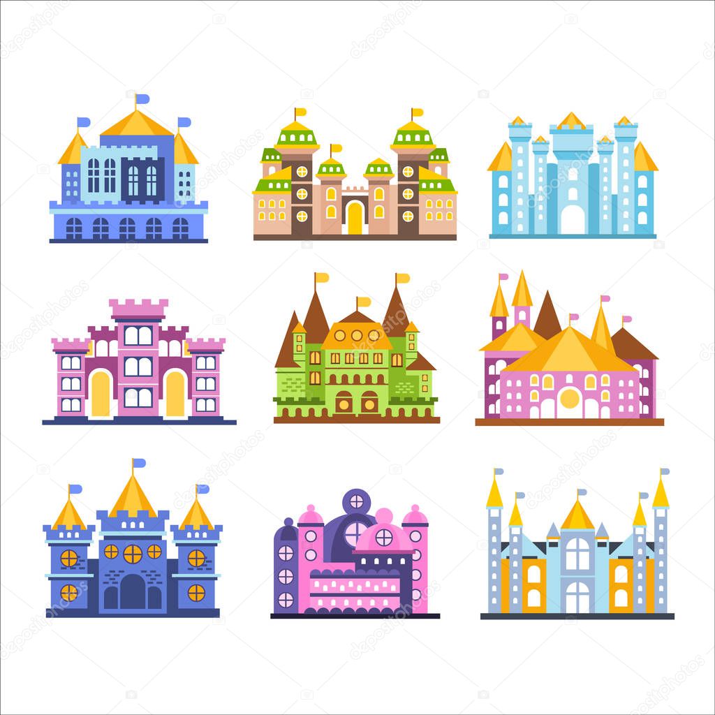 Colorful castles and mansions set. Collection of medieval buildings vector Illustrations