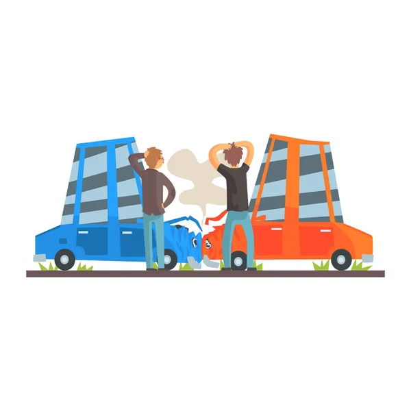 Dos personas estrellando sus coches. Accidente de coche colorido carácter vector Ilustración — Vector de stock