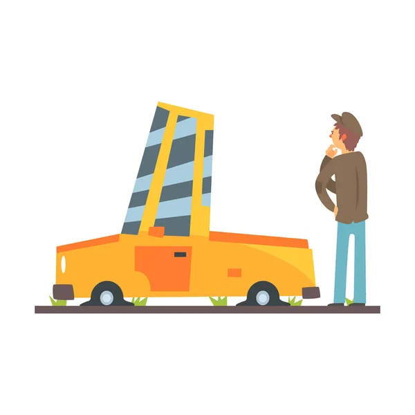 Auto lekke banden, auto-ongeluk kleurrijke karakter vector illustratie — Stockvector