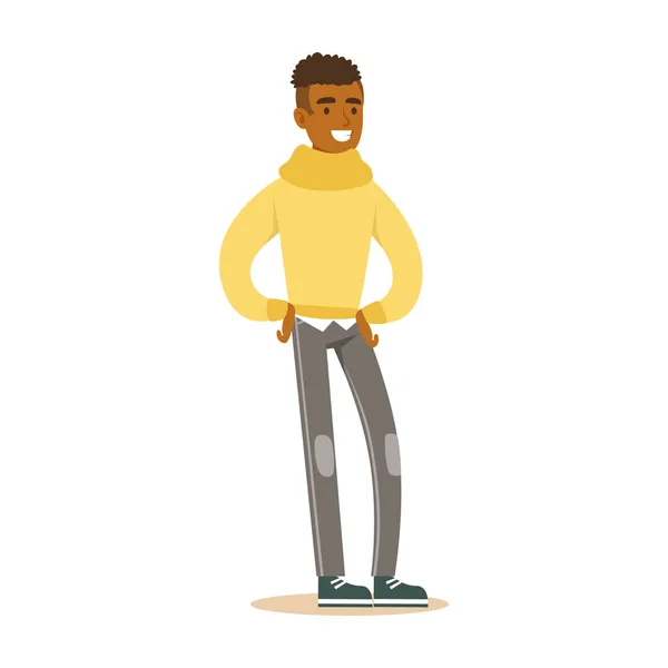 Jovem africano alegre e casual de pé. Desenhos animados coloridos personagem vetor Ilustração — Vetor de Stock
