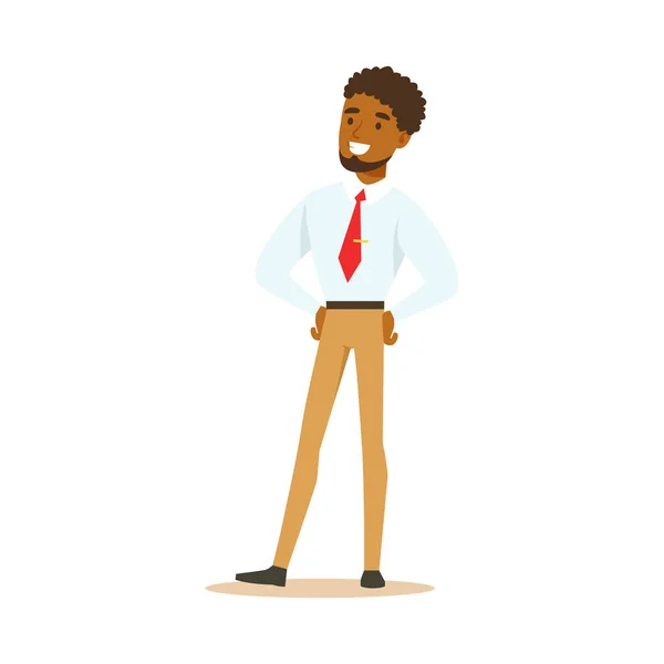 Jovem e sorridente empresário afro-americano de pé. Desenhos animados coloridos personagem vetor Ilustração — Vetor de Stock