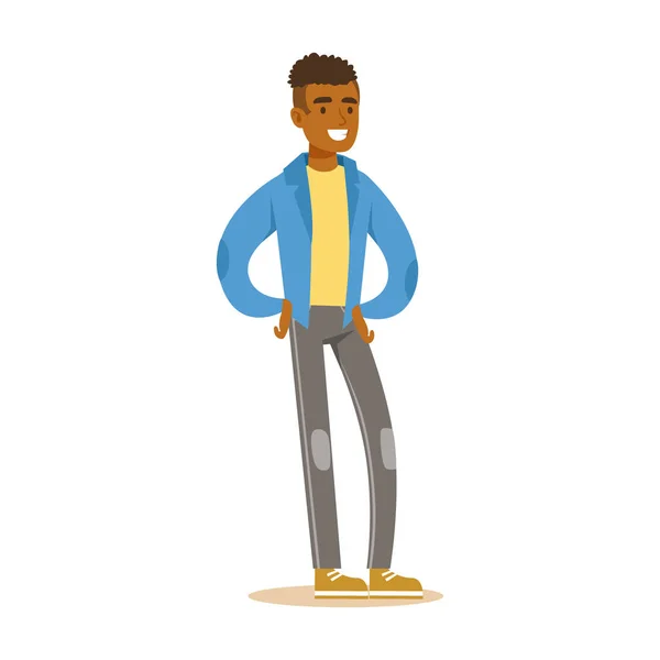 Sorrindo casual jovem africano de jaqueta azul de pé. Desenhos animados coloridos personagem vetor Ilustração — Vetor de Stock