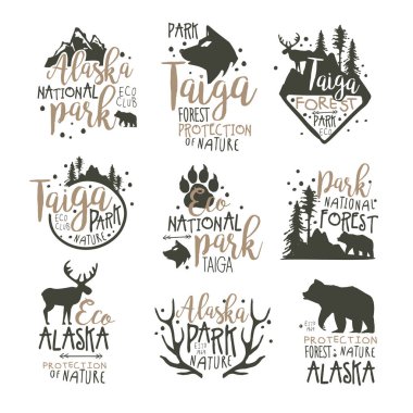 Alaska Milli Parkı etiketleri ayarlama. Orman koruma el çizilmiş vektör çizimler