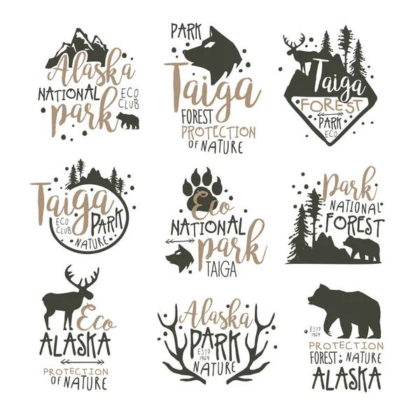 阿拉斯加国家公园标签设置。森林保护手绘制的矢量插图 — 图库矢量图片