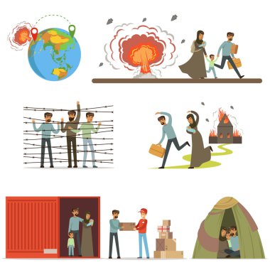Stateless refugees, war victims set. Illigal immigrants vector illustrations clipart