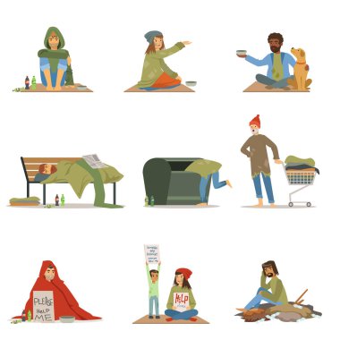 Homeless people set. Men, women, children needing help vector illustrations clipart