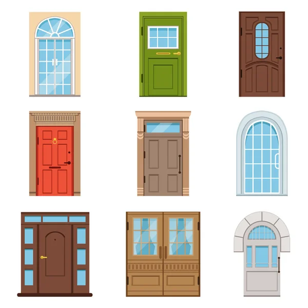Puertas delanteras coloridas. Colección de vIntage y puertas modernas a casas y edificios ilustraciones vectoriales — Vector de stock