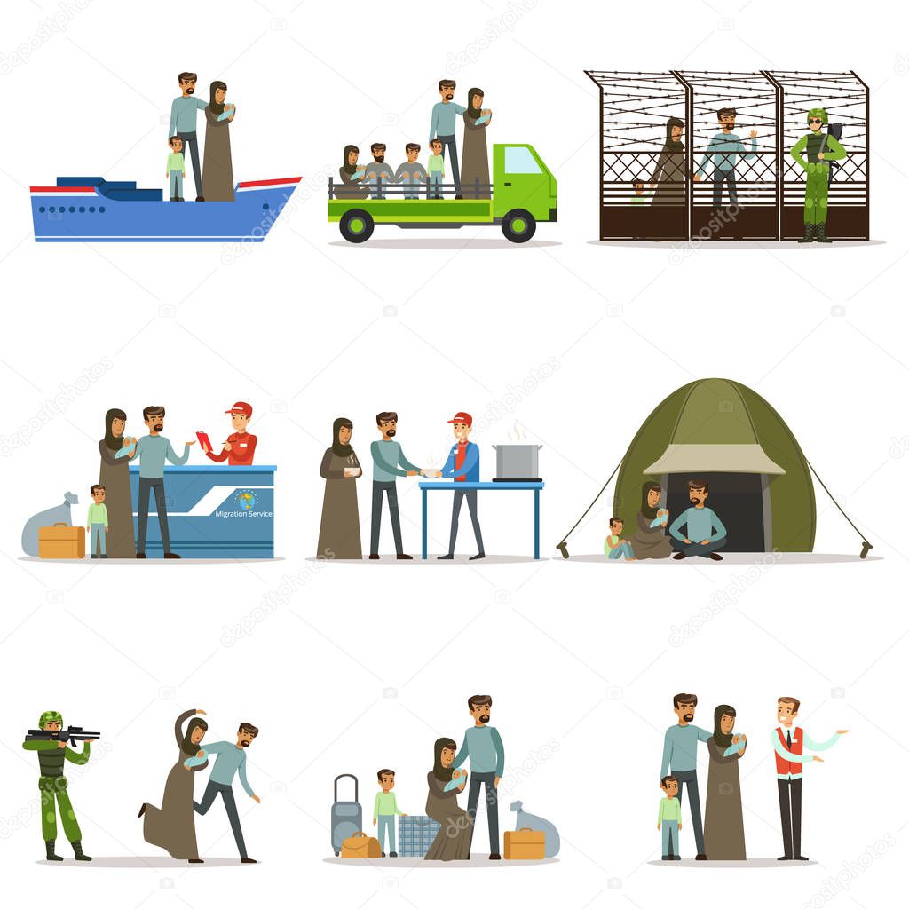 Stateless refugees set. Illigal immigrants and war victims vector illustrations