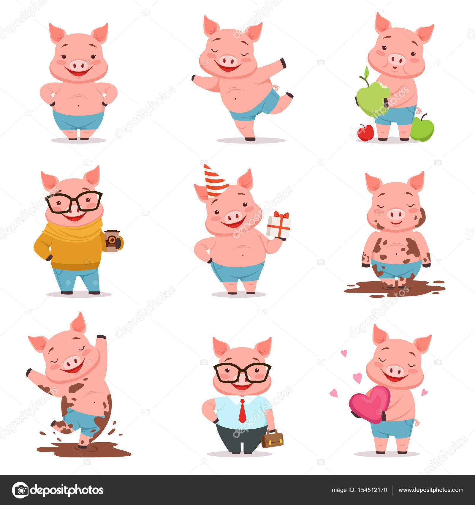 Little cartoon pigs characters posing in different situations set of