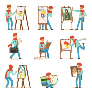 Happy smiling artist painting on canvas set. Talented painter colorful character vector illustrations clipart