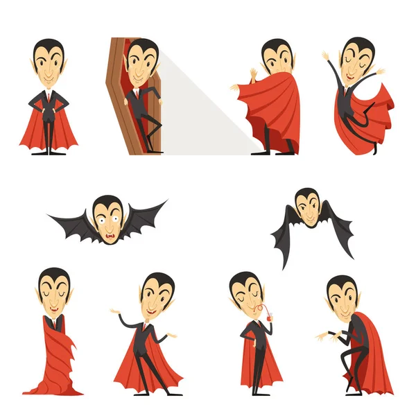 Count Dracula wearing red cape. Set of cute cartoon vampire characters vector illustrations — Stock Vector
