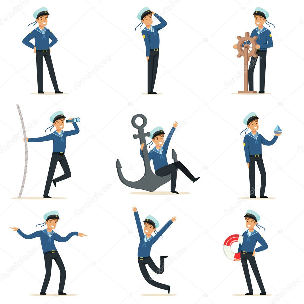 Sailor character doing his job set. Seaman in different situations cartoon vector Illustrations