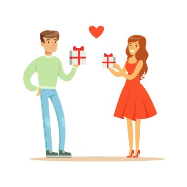 Genç kadın ve ayakta ve hediye kutuları kırmızı kurdele renkli karakter vektör çizim ile tutan adam âşık