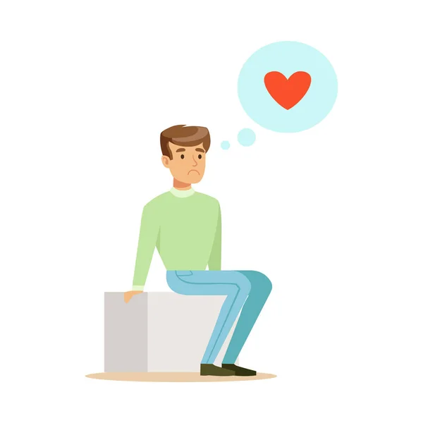 Triest eenzame man verliefd zitten en dromen van kleurrijke karakter vector illustratie — Stockvector