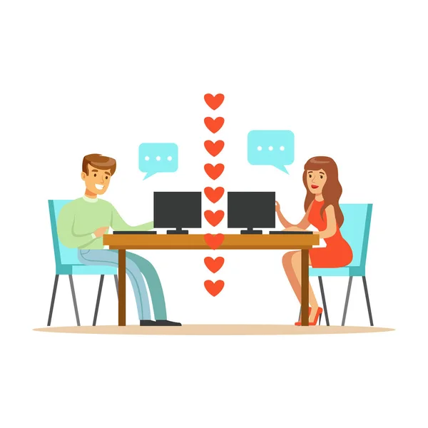 Νεαρός άνδρας και γυναίκα αγάπη κουβεντιάζοντας κάθεται σε πολύχρωμο χαρακτήρα τους γραφείο διανυσματικά εικονογράφηση — Διανυσματικό Αρχείο