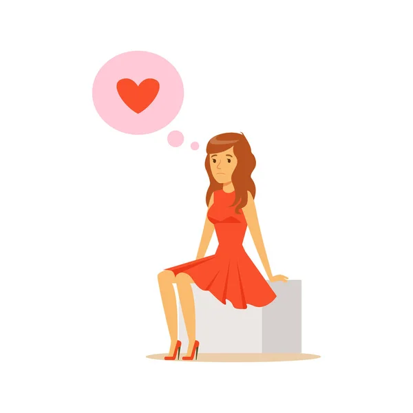 Smutné, osamělé mladá žena v lásce sedí a snění barevný charakter vektorové ilustrace — Stockový vektor