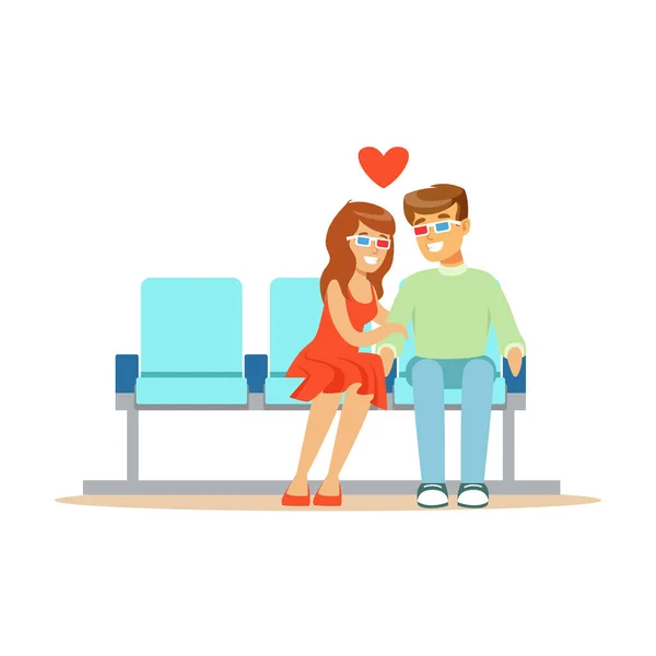 Young beautiful couple in love sitting in the cinema in 3d glasses colorful character vector Illustration — Stock Vector