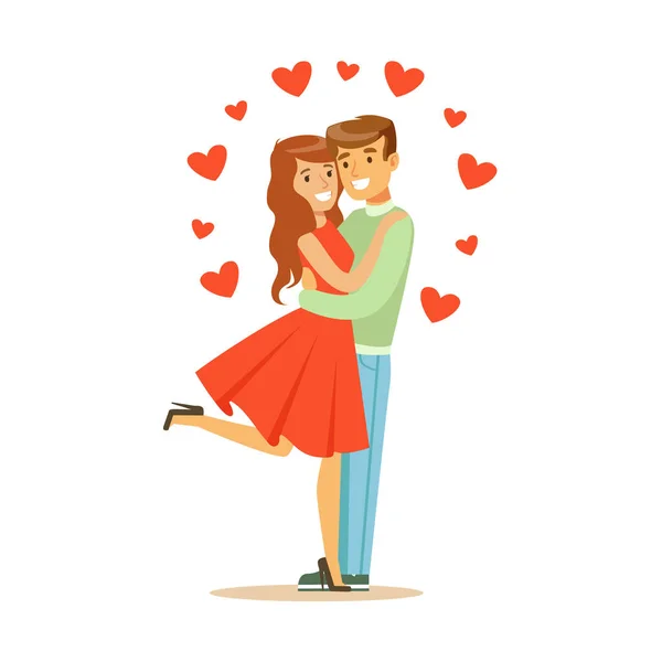 Jonge gelukkige paar verliefd omarmen kleurrijke karakter vector illustratie — Stockvector
