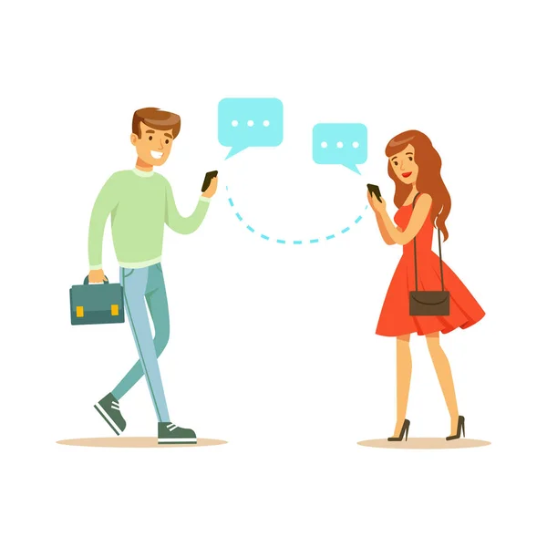 Młody mężczyzna i kobieta communicatitng z ich telefonów komórkowych barwna postać wektor ilustracja — Wektor stockowy