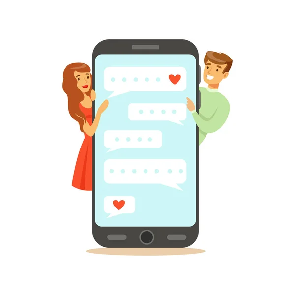 站在一个大的智能手机和 communicatitng 字符附近的两个恋人矢量图 — 图库矢量图片