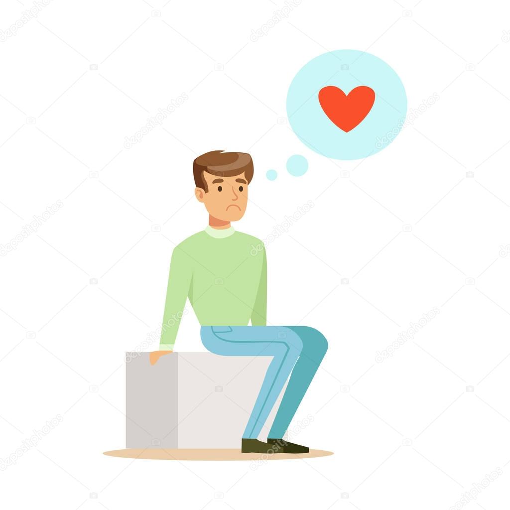 Sad lonely man in love sitting and dreaming colorful character vector Illustration
